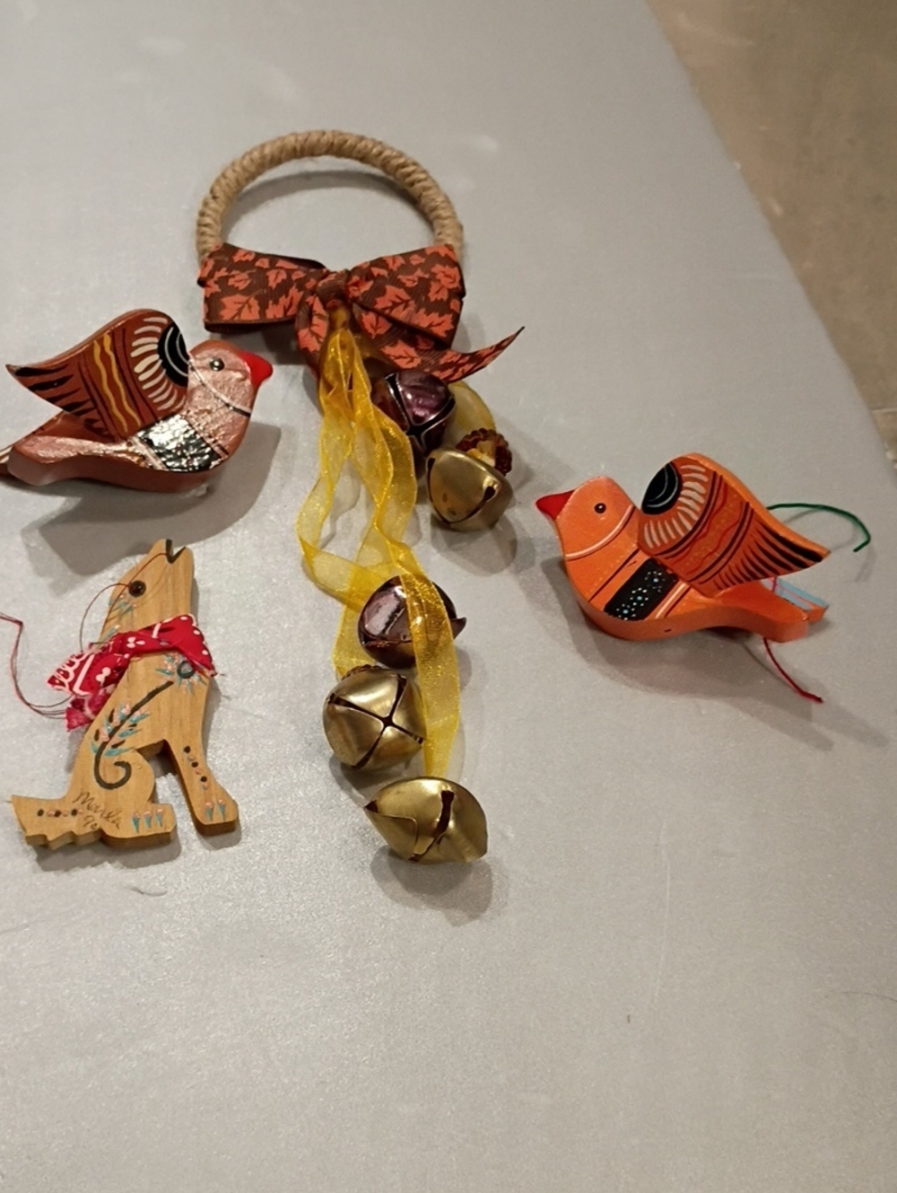 Handmade Wooden Bird & Bell Wall Hanging - Orange, Red, Gold